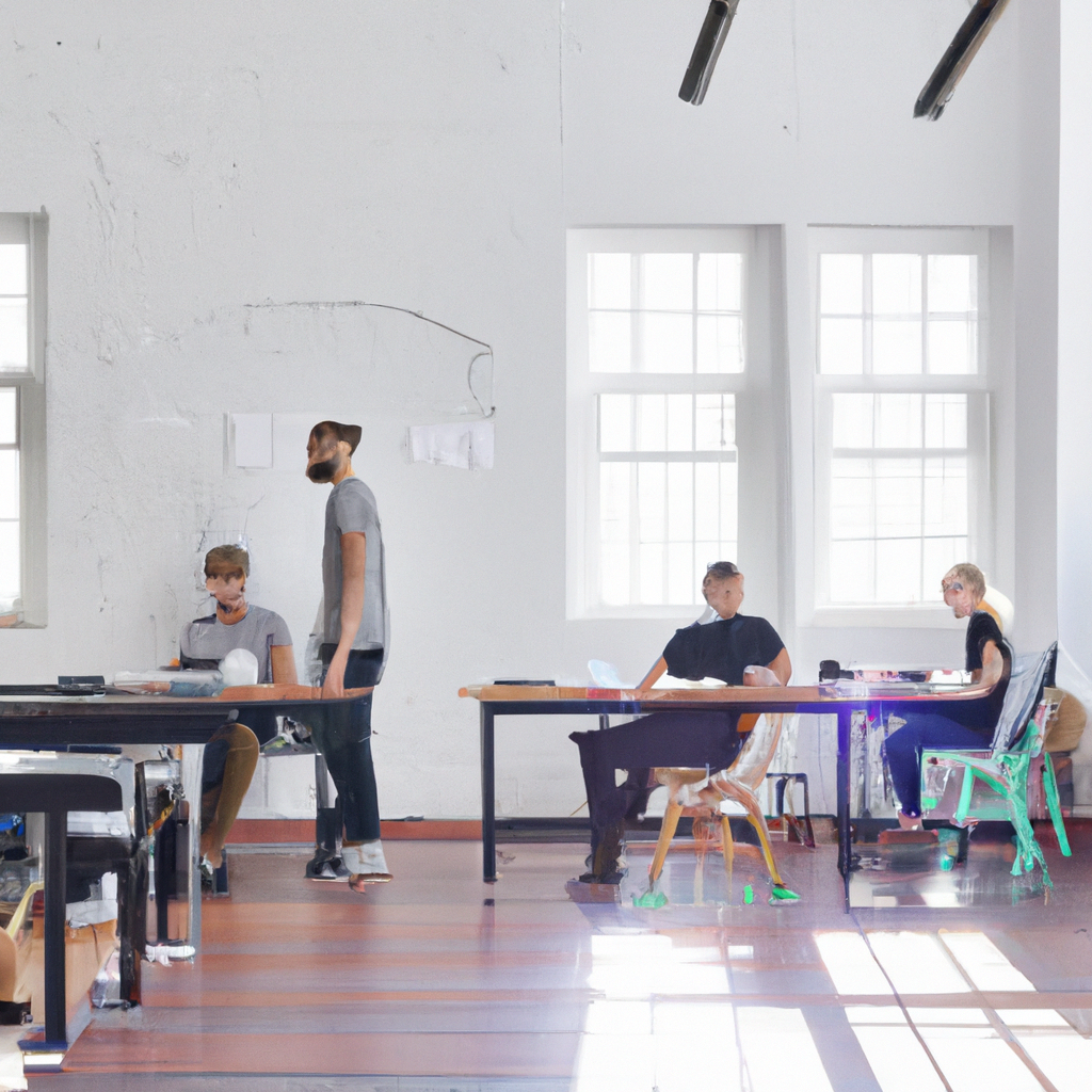 Group of students learning copywriting in a bright modern loft, laptops and notebooks on wooden tables